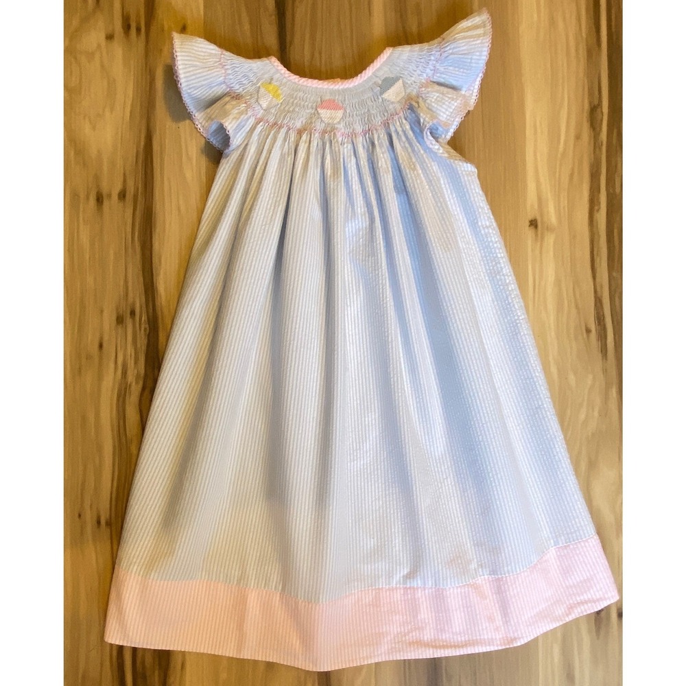 Krewe Girls Smocked Seersucker Cupcake Bishop Dress Blue Pink Stripe 4T